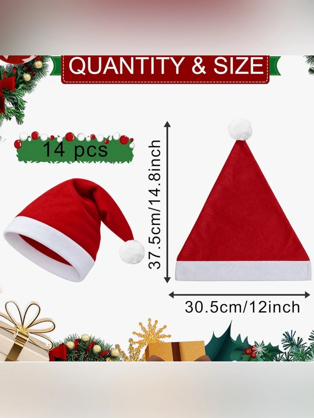 14 new Christmas Felt Santa Hats, Red and White Thickened Fabric Costume Hat